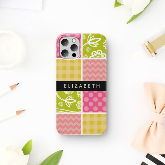 Coque iPhone 16 Zigzag, Chevron, Points, Vichy, Votre Nom
