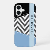 Coque iPhone 16 Zigzag gris, Chevron gris, Bleu, Votre nom (Verso)