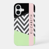 Coque iPhone 16 Zigzag Gris, Chevron Gris, Menthe, Votre Nom (Verso)