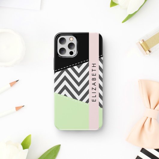 Coque iPhone 16 Zigzag Gris, Chevron Gris, Menthe, Votre Nom