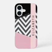 Coque iPhone 16 Zigzag gris, Chevron gris, Rose, Votre nom (Verso)