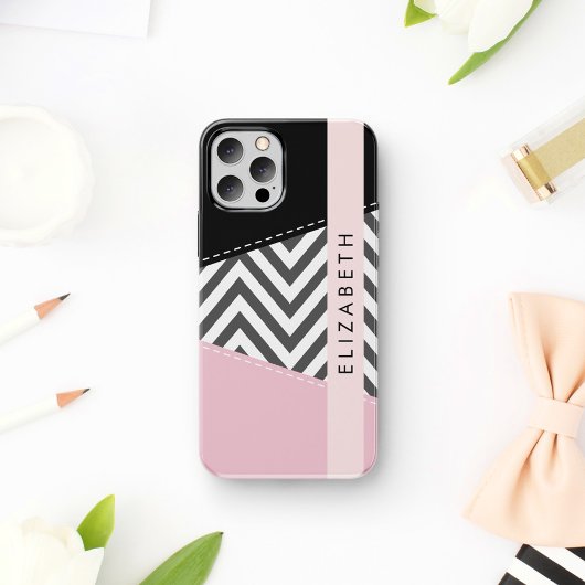 Coque iPhone 16 Zigzag gris, Chevron gris, Rose, Votre nom