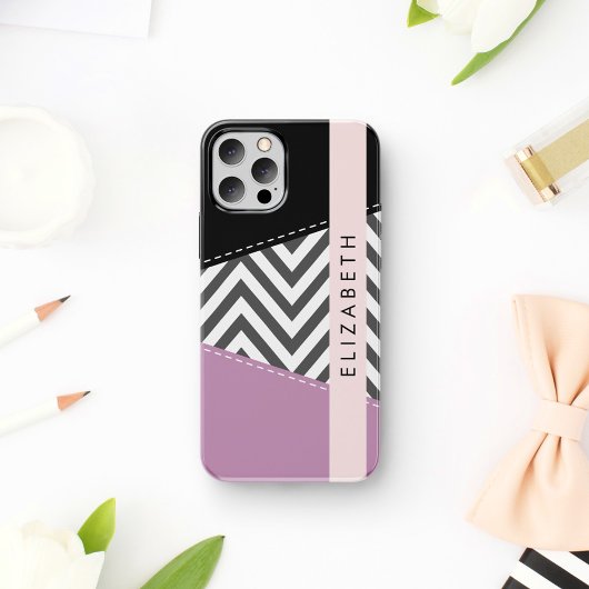 Coque iPhone 16 Zigzag gris, Chevron gris, Violet, Votre Nom