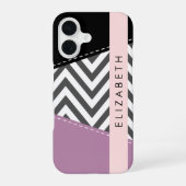 Coque iPhone 16 Zigzag gris, Chevron gris, Violet, Votre Nom (Verso)