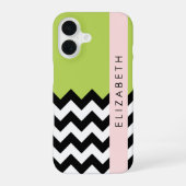 Coque iPhone 16 Zigzag Noir et Blanc, Chevron, Vert, Votre Nom (Verso)