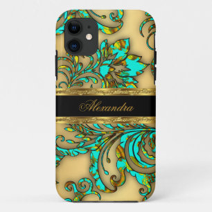 Coque iPhone 5 élégant sarcelle or noir floral dam