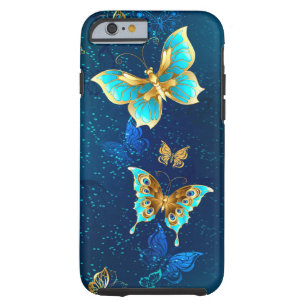 Coque iPhone 6 Tough Papillons d'or sur un Arrière - plan bleu