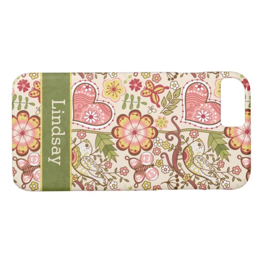 Coque iPhone 7 | Fleurs Coeurs Oiseaux Papillons (Dos (Horizontal))