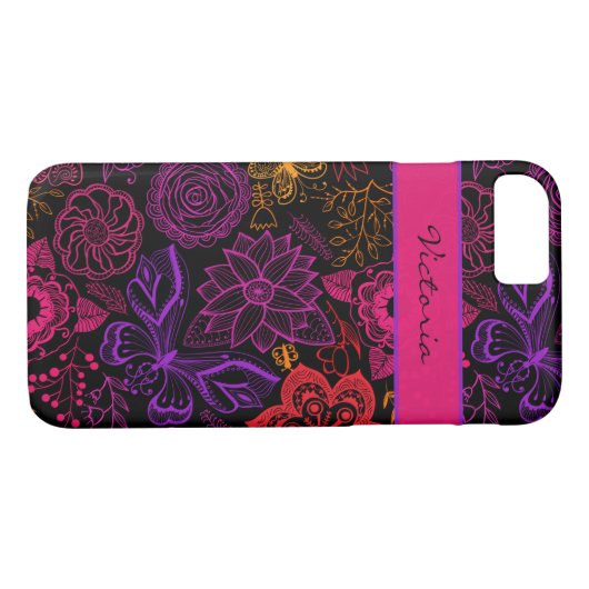 Coque iPhone 7 | Fleurs | Papillons pourpres (Dos (Horizontal))