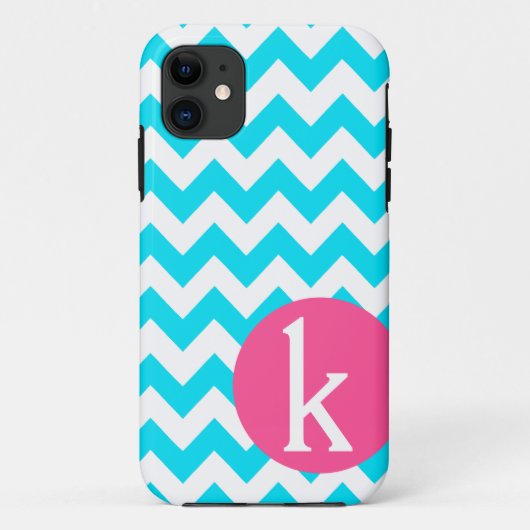 Coque iphone bleu de chevron de monogramme (Dos)