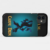 coque iphone "Carpe Diem" avec Lion noir et bleu. (Dos (Horizontal))