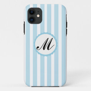 Coque iphone de monogramme personnalisé bleu rayé