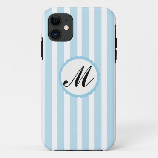 Coque iphone de monogramme personnalisé bleu rayé  (Dos)