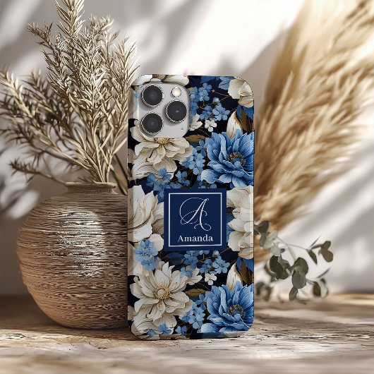 Coque iPhone Fleurs Bleu Nuit Opulentes Élégantes