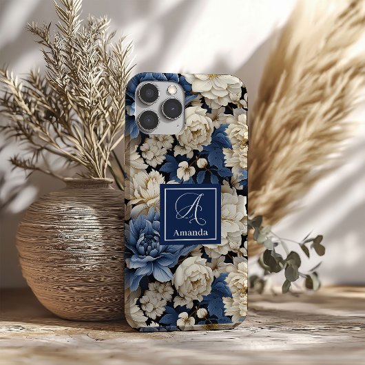Coque iPhone Fleurs Navy Bleu Floral Élégant