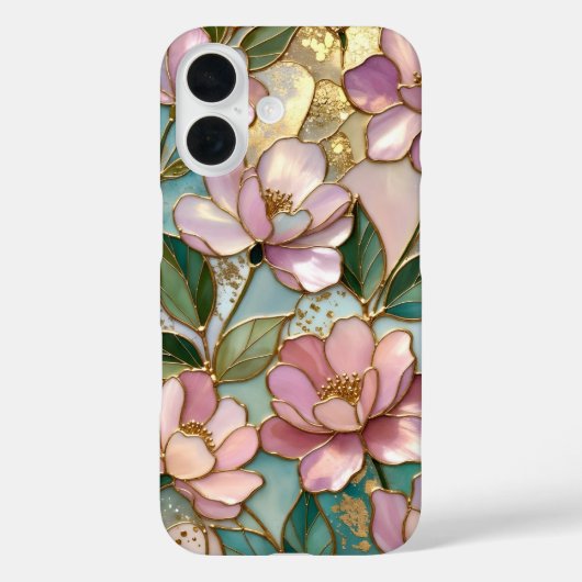Coque iPhone Fleurs Roses Motif Vitrail Doré (Verso)