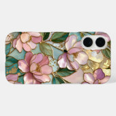 Coque iPhone Fleurs Roses Motif Vitrail Doré (Verso (horizontal))