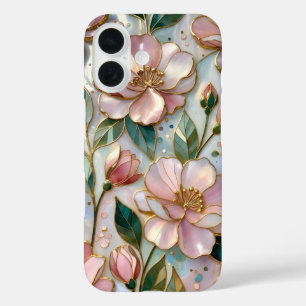Coque iPhone Fleurs Roses Vitrail Pastel Or