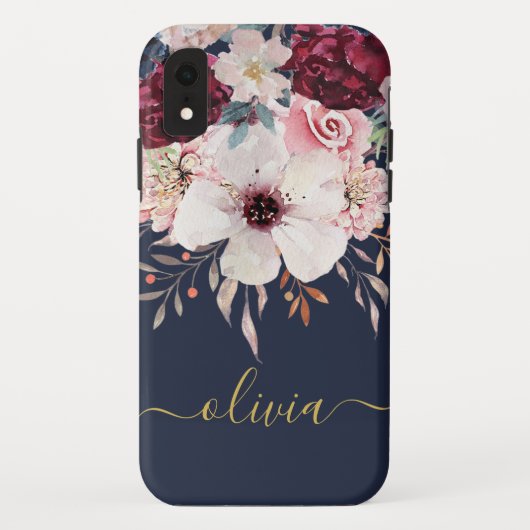 Coque iphone floral rose-bordeaux doré (Dos)