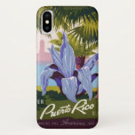 coque iphone Porto Rico Vintage<br><div class="desc">Ce design a été créé à l'aide d'une affiche de voyage WPA de style vintage de 1936. Le design présente une scène nature d'un parc avec des palmiers près de l'eau. Il y a un voilier dans l'eau et un bâtiment au loin. Le point central de l'affiche est la grande...</div>