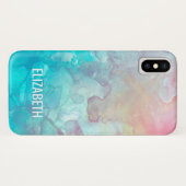 Coque iPhone X couleur rose et bleu aquarelle (Dos (Horizontal))