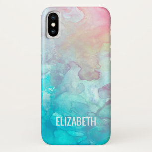 Coque iPhone X couleur rose et bleu aquarelle