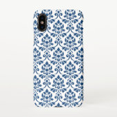 Coque iPhone X Feuille Damask Pattern bleu foncé sur blanc (Dos)