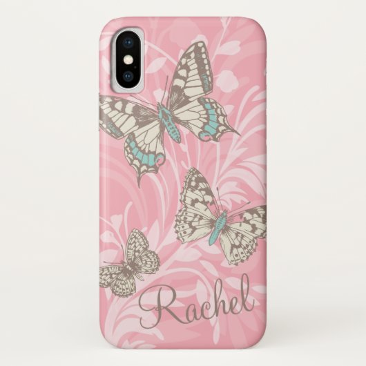 Coque iPhone X Nom papillons coque iphone rose floral (Dos)