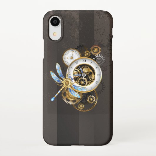 Coque iPhone XR Horloge à vapeur avec libellule mécanique (Dos)