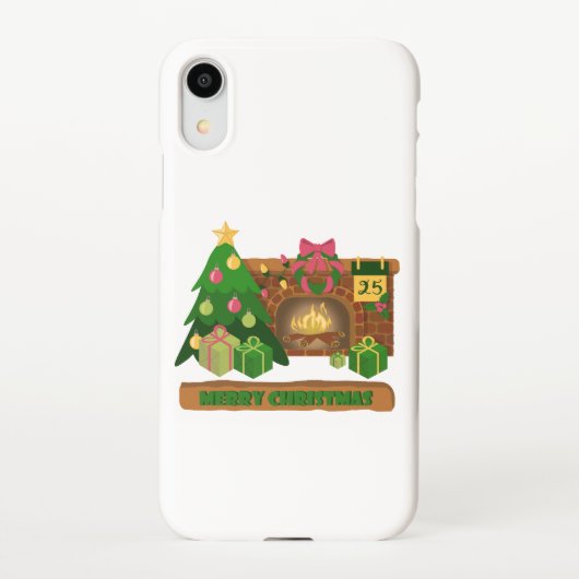 Coque iPhone XR Joyeux Noël près de la cheminée bonfire xmas arbre (Dos)