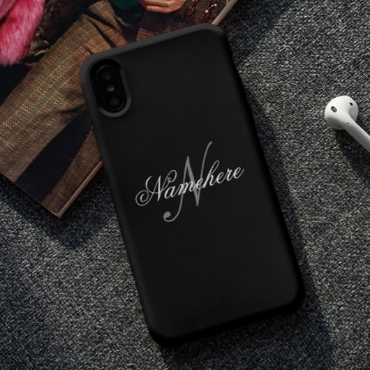 Coque iPhone XS Max Monogramme de nom noir et blanc personnalisé uniqu