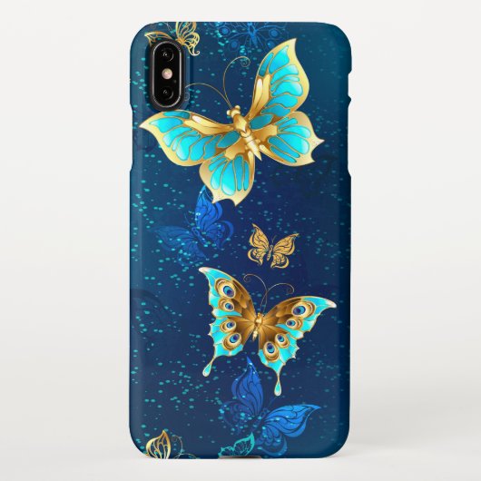Coque iPhone XS Max Papillons d'or sur un Arrière - plan bleu (Dos)