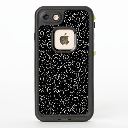 Coque LifeProof Pour iPhone Courbes de défilement blanches complexes sur noir (Dos)