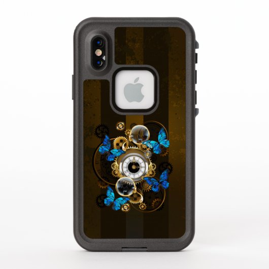 Coque LifeProof Pour iPhone Engrenages à vapeur et papillons bleus (Dos)
