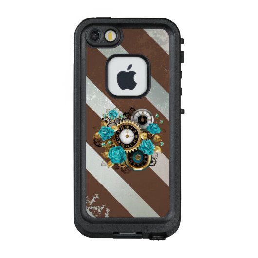 Coque LifeProof Pour iPhone Steampunk Clock and Turquoise Roses on Striped (Dos)