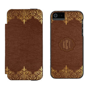 Coque-portefeuille iPhone 5 Incipio Watson™ Cadre en cuir Brown vintage et en dentelle d'or fl