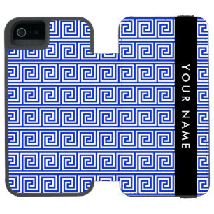 Coque-portefeuille iPhone 5 Incipio Watson™ Clé Méandre Grecque Bleue, Votre Nom, Personnalise
