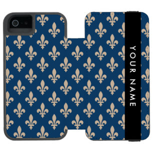Coque-portefeuille iPhone 5 Incipio Watson™ Fleur de Lis, Beige sur Bleu Nuit, Royal, Votre No