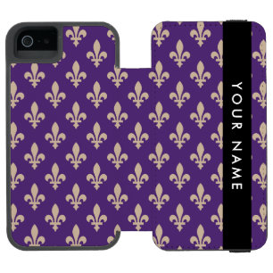Coque-portefeuille iPhone 5 Incipio Watson™ Fleur de Lis, Beige sur Violet, Royal, Votre Nom