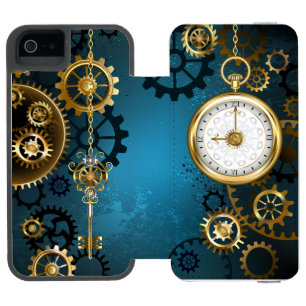 Coque-portefeuille iPhone 5 Incipio Watson™ Fond turquoise Steampunk avec engrenages