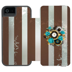 Coque-portefeuille iPhone 5 Incipio Watson™ Horloge Steampunk et roses turquoise sur fond rayé