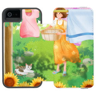 Coque-portefeuille iPhone 5 Incipio Watson™ Jolie Fille Suspendant le Linge dans un Jardin de