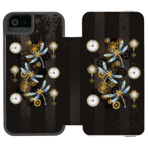 Coque-portefeuille iPhone 5 Incipio Watson™ Libellules Steampunk sur fond rayé marron