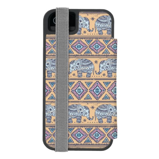Coque Portefeuille Incipio Pour iPhone Motif tribal d'éléphant ethnique bleu (Folio Dos)