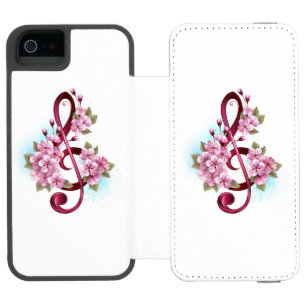Coque-portefeuille iPhone 5 Incipio Watson™ Musical treble clef notes with sakura flowers