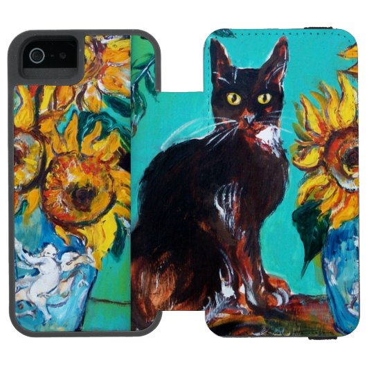 COQUE PORTEFEUILLE INCIPIO POUR iPhone SOUCHES AVEC CHAT NOIR EN TURQUOISE BLEUE (Folio Ouvert)