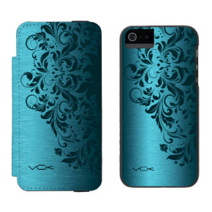 Coque-portefeuille iPhone 5 Incipio Watson™ Turquoise Blue Metallic Texture & Dark Red Lace