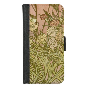 Coque Portefeuille Pour iPhone 8/7 Art Nouveau Alfonse Mucha fleurs d'oeillets floral
