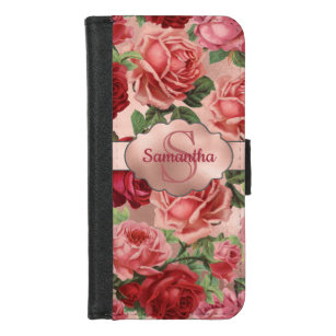 Coque Portefeuille Pour iPhone 8/7 Décoré d'un monogramme floral de roses rouge-rose