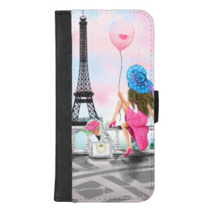 Coque Portefeuille Pour iPhone 8/7 Plus Jolie femme et ballon de coeur rose - I Love Paris